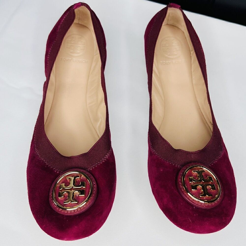 Tory Burch 7.5 Caroline 2 Ballet Flats Shoes Slipons Cabernet Suede Leather Red
